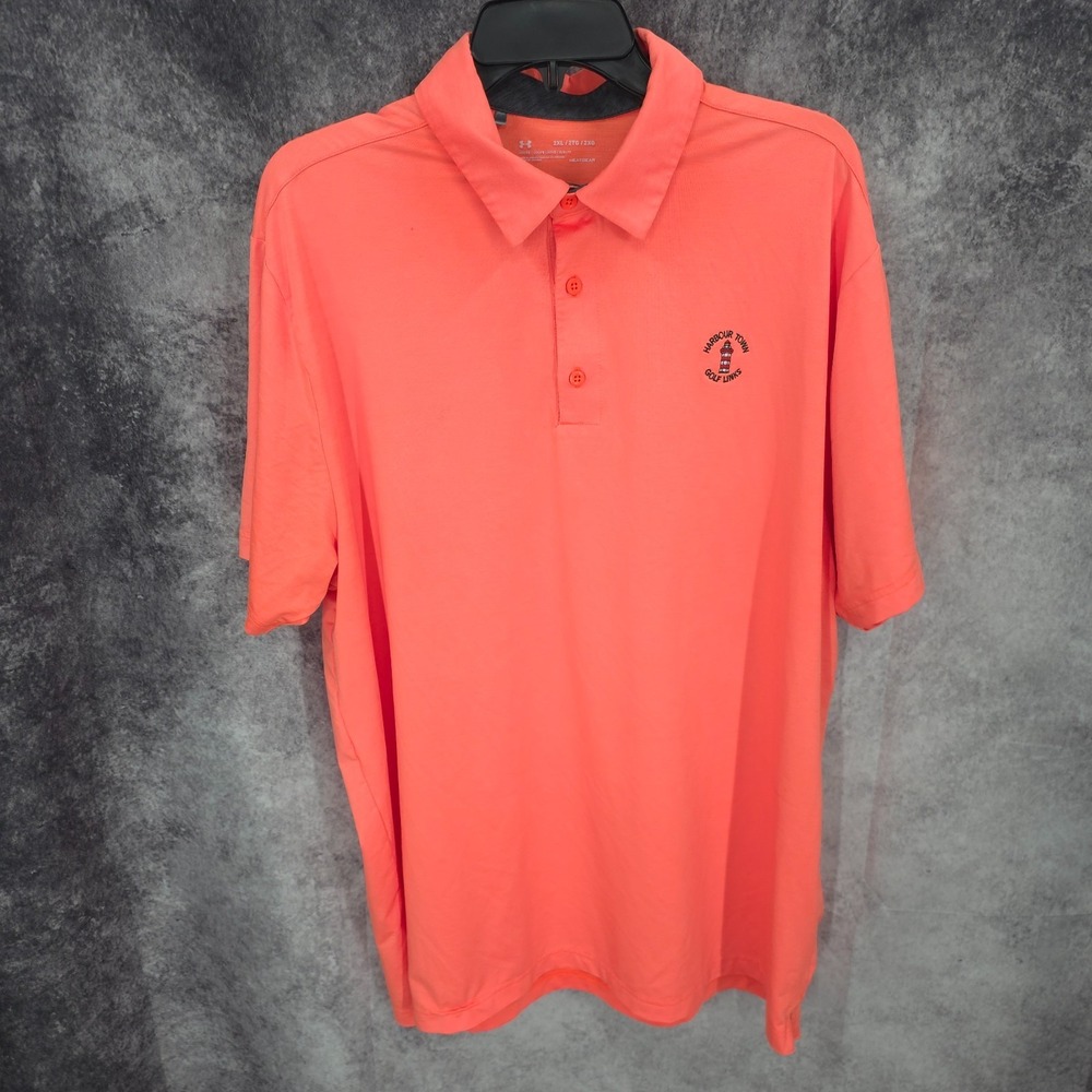 Under Armour Polo Shirt Mens 2XL Coral Pink Harbour Town Golf Links Heat Gear